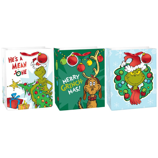 GIFT BAG: GRINCH MED 3 PACK-170872 : 9" x 7" x 4"