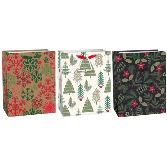 GIFT BAG: Evergreen, Tree, Snowflake Medium Gift Bags, Multipack