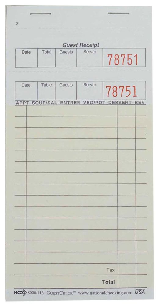 Duplicate Carbon Guest Check 3.5" x 6.75", 25 Page per Book